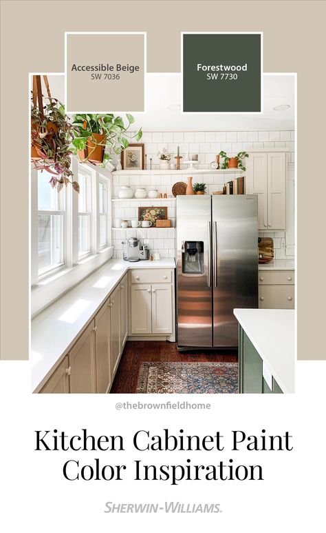 For the country kitchen of your dreams, paint cabinets in warm, wonderful colors from Sherwin-Williams like Accessible Beige SW 7036 and Forestwood SW 7730. To see how these hues work in your space, tap this pin and order free color chips. Thanks for sharing your #SWColorLove, @thebrownfieldhome (on Instagram). #sherwinwilliams #DIY #color #inspiration #colorinspiration #kitchen #cabinets #paintedcabinets #farmhouse #interiordesign #home Sherwin Williams Ivory Lace Cabinets, White Kitchen Cabinets Beige Walls, Accesible Beige Sherwin Williams Kitchen Cabinets, Sw Forestwood Cabinets, Accessible Beige And Green, Kitchen With Tan Walls, Forestwood Sherwin Williams, Sw Balanced Beige Cabinets, Sw Accessible Beige Kitchen Cabinets