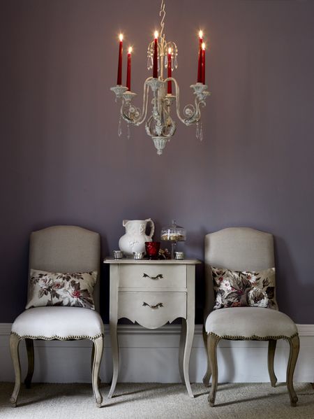 Interiors photographed by Polly Wreford. Beautiful colour theming again! Smokey Grey Paint Colors, Plum Wall Color, Purple Entryway, Purple Home Office, Plum Bedroom, Plum Wall, Smokey Lavender, Purple Dining Room, Maroon Walls