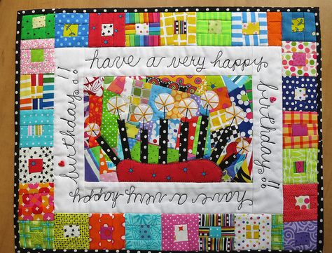 Happy Birthday, Annie!! by mamacjt, via Flickr Happy Birthday Table Runner, Happy Birthday Quilt, Birthday Placemats, Birthday Quilt, Fun Quilts, Cake Quilt, Mug Rug Patterns, Fabric Postcards, Birthday Postcards