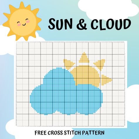 Keeping it Real: Sun & Cloud - free cross stitch pattern Cross Stitch Clouds, Free Cross Stitch Pattern, Keeping It Real, Sun And Clouds, Clouds Pattern, Needlepoint Patterns, Dmc Floss, Cross Stitch Patterns Free, Free Cross Stitch