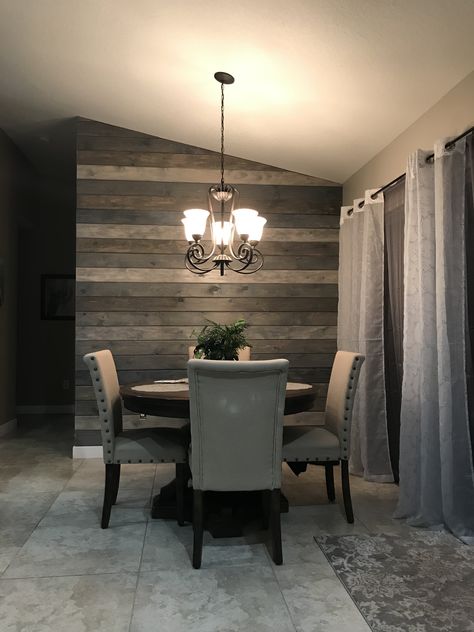 Multi-Color Shiplap to make a feature wall. Great blend of grays and browns. Love it!! Living Room With Shiplap Accent Wall, Shiplap Accent Wall Dining Room, Shiplap Wall Color Ideas, Gray Shiplap Wall, Dining Room Feature Wall, Shiplap Ideas, Shiplap Feature Wall, Wall Color Ideas, Wallpaper Bedroom Feature Wall