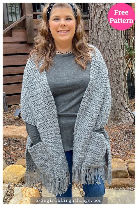 Simple Pocket Shawl Free Crochet Pattern Crochet Blanket Scarf, Crocheted Gifts, Crochet Scarf For Beginners, Simple Scarf Crochet Pattern, Pocket Shawl, Crochet Lace Shawl, Crochet Cardigan Pattern Free, Crochet Poncho Free Pattern, Crochet Wrap Pattern