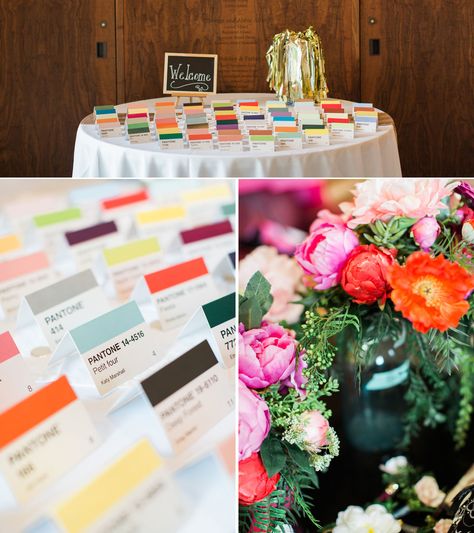 pantone escort cards Colorful Seating Chart Wedding, Colorful Modern Wedding, Midcentury Eclectic, Artsy Wedding, Playful Wedding, Pantone Wedding, Edgy Bridal, Bhldn Wedding Dress, Midwest Wedding