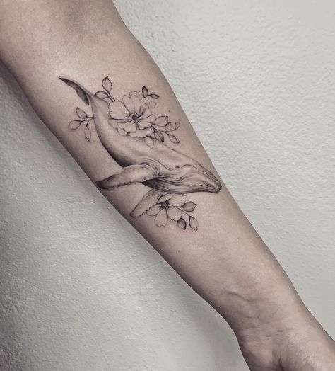 Whale Pod Tattoo, Humpback Whales Tattoo, Floral Whale Tattoo, Whale Arm Tattoo, Whale And Flower Tattoo, Whale Tattoo With Flowers, Whale Flowers Tattoo, Whale Flower Tattoo, Humpback Tattoo