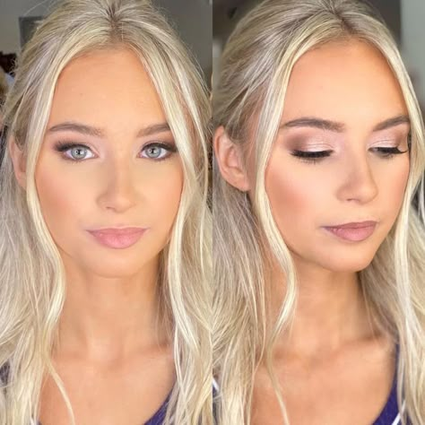 Bridesmaid Makeup Gray Eyes, Makeup For Blue Eyes Bridesmaid, Cool Toned Bridesmaid Makeup, Simple Makeup Looks Bridesmaid, Natural Makeup For Blonde Hair Blue Eyes, Engagement Pic Makeup, Bridesmaid Makeup Grey Eyes, Gold Bridal Makeup For Blue Eyes, Engagement Shoot Makeup Blue Eyes