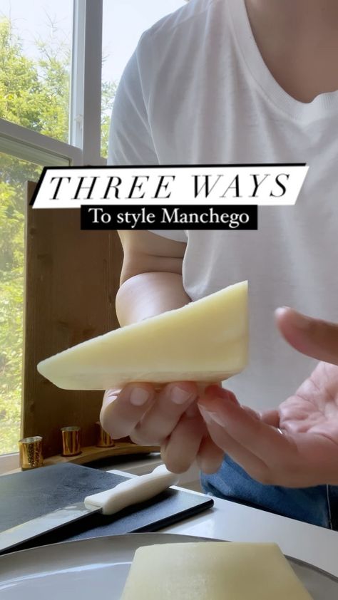 Manchego Cheese Board, How To Cut Manchego Cheese, Manchego Cheese Pairing, How To Cut Cheese, How To Cut Cheese For Charcuterie, Charcuterie Styling, Manchego Cheese Recipes, Jarlsberg Cheese, Cheese Game