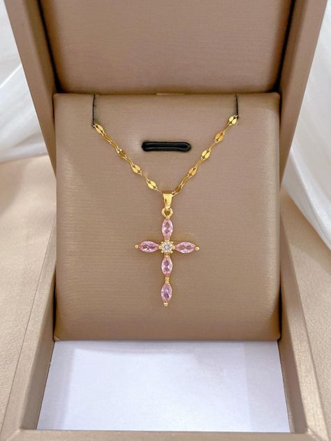 One Piece Stainless Steel Chain Multi Color Crystal Cross Pendant Necklace | SHEIN USA Pink Necklace Jewelry, Pink Cross Necklace, Bible Jewelry, Tiny Cross Necklace, Dope Jewelry Accessories, Jewelry Cross, Pretty Jewelry Necklaces, Rose Bonbon, Crystal Cross