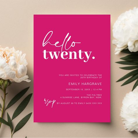 Modern Birthday Party, Hot Pink Background, 20th Birthday Party, Script Text, Modern Birthday, Minimalist Typography, 20th Birthday, Design Minimal, Birthday Party Invitation