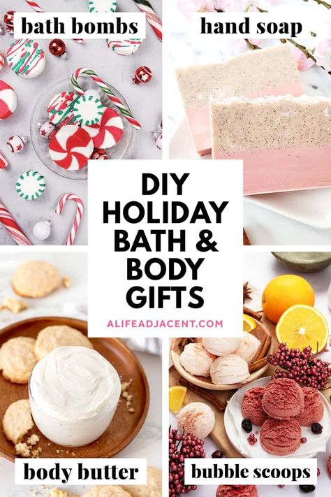 Discover 10 DIY Christmas bath and body gifts for the holiday season! These homemade gift ideas are all natural, easy to make and perfect for the beauty lover. Learn how to make holiday skincare DIYs that include all the bath and body works: melt and pour soap, Christmas bath bombs, bubble scoops, body scrub, body butter, and much more. Diy Christmas Masks, Diy Christmas Soap, Winter Body Butter, Fall Scrunchies, Diy Beauty Gifts, Santa Workshop, Diy Hand Soap, Bath Diy, Spa Stuff