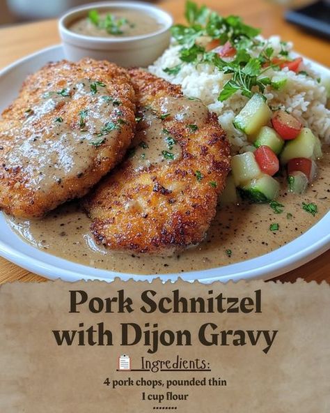 **Pork Schnitzel with Dijon Gravy** 🐖🍽️🥄 Picture the sizzle of golden pork schnitzel, crisp and perfect, kissed by the warmth of a pan. As you take the first bite, you’re met with the crunch of breadcrumbs and the tender heart of juicy pork, a bite that feels like home. But there’s more—*enter the Dijon gravy*. Tangy, buttery, and smooth, it dances on your tongue, bringing the richness of the schnitzel to life. This is more than a meal; it’s a moment of indulgence, a taste that wraps you in... Pork Schnitzel With Dijon Gravy, German Gravy, Pork Snitzel, Dijon Gravy, Jaeger Schnitzel, Pork Schnitzel Recipe, Schnitzel Recipes, Cream Gravy, Low Carb Pork