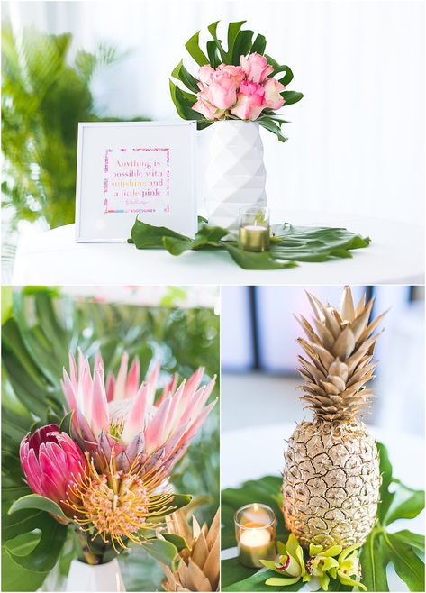 Tropical centerpieces with gold pineapples, proteas, and pink roses_Palm Beach Wedding Ideas_Kristin Seitz Photography Pineapple Coconut Centerpiece, Easy Tropical Centerpieces, Tropical Theme Centerpieces, Tropical Theme Wedding, Dreamy Beach Wedding, Tropical Wedding Centerpieces, Tropical Centerpieces, Pineapple Wedding, Tropical Wedding Theme