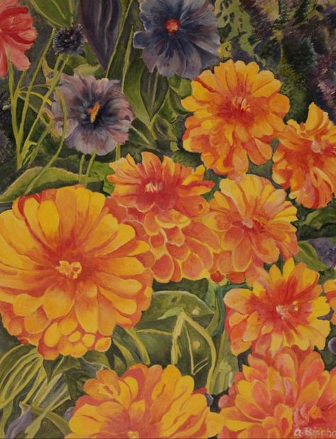 Marigold Acrylic Painting, Marigolds Painting, Marigold Painting, Yellow And Orange Flowers, Window Crafts, Watercolor Flowers Tutorial, Flowers Tutorial, Moon Cycles, Flower Art Painting