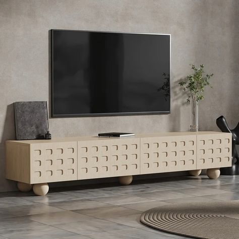 78.7" Whitewash Wood TV Stand with Storage Wabi-Sabi 4 Cabinets Round Legs TV up to 80" Wabi Sabi Tv Stand, Wabi Sabi Tv Console, Long Console Cabinet, Low Tv Stand Decor Living Room, Tv On Stand, Tv Cabinet Ideas, Gold Tv Stand, Long Tv Stand, Low Profile Tv Stand