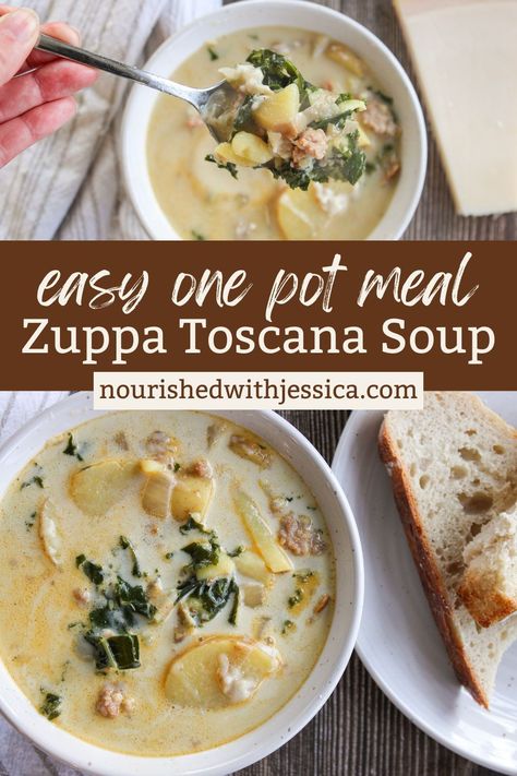 Enjoy this Healthy Zuppa Toscana Soup, a creamy and flavorful one-pot recipe that’s better than Olive Garden. Made with Italian sausage, kale, and tender potatoes, this gluten-free soup is perfect for cozy winter dinners. Quick and easy to make with simple ingredients, it’s ideal for meal prep, freezer meals, or weeknight dinners. A delicious and hearty dish to keep you warm on chilly days! Healthy Zuppa Toscana Soup, Meal Prep Freezer Meals, Prep Freezer Meals, Healthy Zuppa Toscana, Sausage Potato Kale Soup, Meal Prep Freezer, Winter Dinners, Sausage Kale, Zuppa Toscana Soup