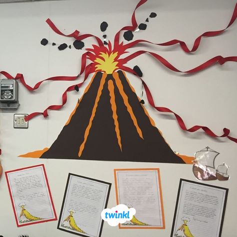 Discuss the historic event of the Pompeii volcano eruption by creating an engaging classroom display. This colourful volcano is super eye-catching! Visit the Twinkl website for lots of Pompeii themed teaching resources.   #pompeii #Italy #volcano #geography #lava #classroomideas #classroomdisplay #classroominspiration #teaching #teachingresources #twinkl #twinklresources #education #teachersfollowteachers #teachersofinstagram Volcano Room Transformation, Volcano Classroom Display, Volcano Display, Volcano Poster Board Ideas, Volcano Bulletin Board, Volcano Display Ks2, Cardboard Volcano, Volcano Eruption, Volcano Project For Kids