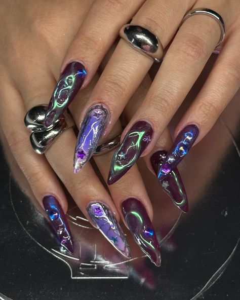 nothing says Halloween like stiletto nails 😈 . . . . #halloween #halloweennails #october #nailsnailsnails #nailart #gelxnails #naildesign #gelnails #gelmani #gelx #nailtech #nyc #fypシ #fyp Halloween stiletto spooky nails chrome purple 3d gel Nails Chrome Purple, Stiletto Nails Halloween, Purple Witchy Nails, Halloween Stiletto, Chrome Purple, Spooky Nails, Witchy Nails, Nails Chrome, Gel Mani