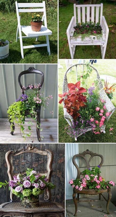 Recycled Garden Planters, Truck Garden, Garden Planter Ideas, Chair Planter, Pinterest Garden, Plant Pot Diy, Recycled Garden, Garden Types, Old Chair