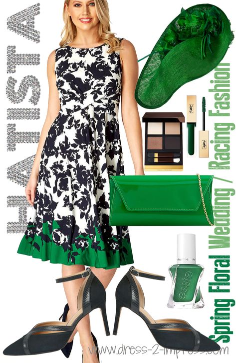 Navy Blue and Emerald green fashion. What to wear for a Spring Wedding. Floral Summer wedding Guest outfit ideas. What to wear for a Summer Wedding. You can’t go wrong with a Floral Dress for a Spring / Summer wedding or day at the races, matched with a complimenting hat, or headpiece + accessories. Look for prints that feature many shades, giving you choice when looking for your accessories and hat to match. Emerald green Mother of the Bride Hat. How to wear Emerald Green. #motherofthebride Spring Wedding Guest Outfits, Bride Outfit Ideas, Ladies Day Outfits, Concert Costumes, Emerald Green Outfit, Green Outfit Ideas, Ascot Dress, Green Outfits For Women, Saucer Hat