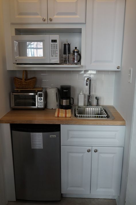 Perfect Little Kitchenette - with microwave, toaster oven, coffee maker, hot water kettle and French Press! Small Kitchen In Bedroom, Small Kitchen In Bedroom Ideas, Diy Bedroom Kitchenette, Mini Kitchenette In Bedroom, Efficiency Kitchens Small Spaces, All In One Kitchenette, Closet To Kitchenette, Tiny House Kitchenette Ideas, Tiny Kitchennete