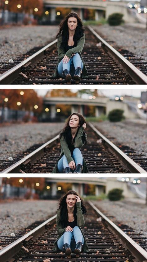 Railroad Track Poses Photo Ideas, Fall Train Track Pictures, Photoshoot On Train Tracks, Fall Train Track Photoshoot, Photoshoot On Railway Track, Railway Pictures Ideas, Senior Photos Train Tracks, Senior Pictures Train Tracks, Railway Tracks Photography Poses