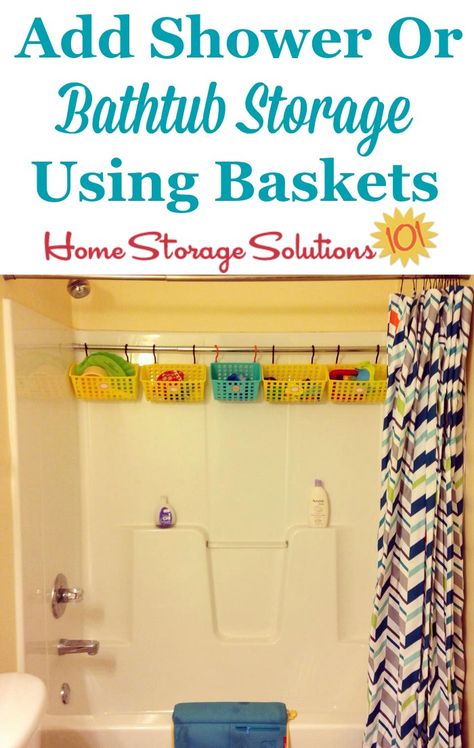 Add storage to your shower or bathtub with a tension rod, baskets and hooks, which can be used for storing bath toys, personal care products or anything else you need {featured on Home Storage Solutions 101} How To Store Bath Toys, Bath Toys Storage Ideas, Diy Bath Toy Storage, Bath Tub Toy Storage Ideas, Bathtub Toy Storage Ideas, Bath Toy Storage Ideas, Bathroom Toy Storage Ideas, Bathtub Organization Ideas, Bathtub Storage Ideas