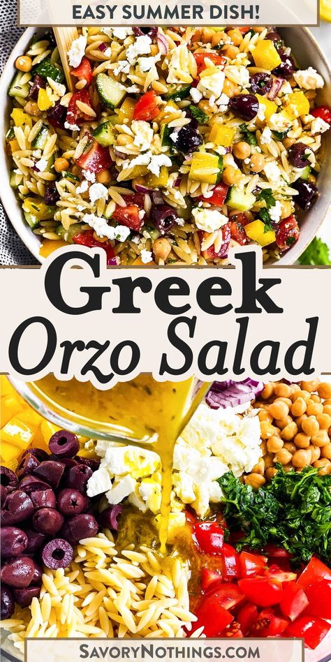 With a zingy Greek dressing and filled with fresh summer vegetables, this Greek Orzo Salad is going to be the biggest hit at all your summer barbecues! | #summerfood #salad #barbecue #grilling #summerrecipes #bbq Greek Salad With Meat, Orzo Salad Dressing Recipe, Summer Vegetable Salad Recipes, Marinated Greek Salad, Barbeque Salad Ideas, Greek Bbq Recipes, Greek Inspired Salad, Mediterranean Bbq Ideas, Summer Italian Recipes Dinners