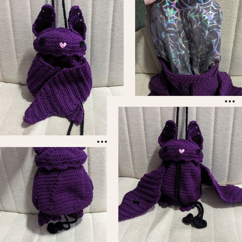 New custom I completed recently! Such a cute project, I really enjoyed making this one! Bat crossbody bag. I added a liner, and phone pocket inside!  #crochet #bat #handmade #bag #goth Bat Purse Crochet, Crochet Bat Bag, Goofy Crochet, Goth Knitting, Chakra Crafts, Goth Crochet, Bat Crochet, Bat Bag, Medieval Fair