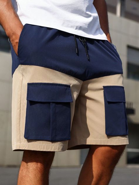 Plus Size Color Block Cargo Shorts With Pockets Drawstring Khaki Street   Woven Fabric Colorblock Track Shorts Non-Stretch Spring/Summer Men Plus Size Clothing, size features are:Bust: ,Length: ,Sleeve Length: Mens Summer Shorts, Short Hombre, Mens Pants Fashion Casual, Gents Shirts, Stylish Shirts Men, Workwear Shorts, Latest African Men Fashion, African Dresses Men, 2piece Outfits