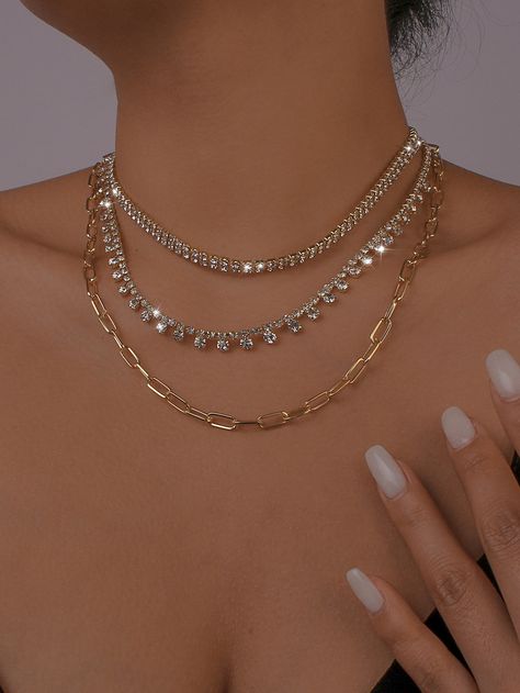 Gold Glamorous   Plastic  Layer Sets Embellished   Jewelry Layered Wedding Necklace, Gold Accessories Outfit, Glam Necklace, Formal Ideas, Prom Necklaces, Prom Inspo, Holiday Photoshoot, Glam Outfit, Year 5