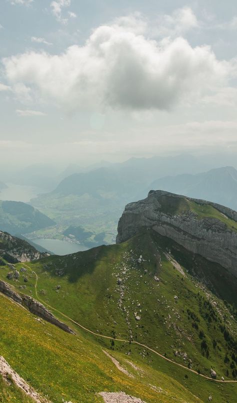 Photo of green mountains and lakes in the distance in Switzerland Pilatus Switzerland, Mount Pilatus, Lucerne Switzerland, Lucerne, My Travel, The Trip, Travel Photos, Switzerland, Travel Guide