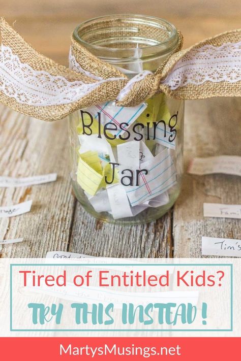 The family blessing jar tradition is a precious way to instill gratitude in your children with the simple act of recording blessings throughout the year. #martysmusings House Blessing Spell Jar, Blessing Jars Diy, Bless You Jars, Sibling Kindness Jar, Blessing Jar Printable, Scripture Tea, Blessings Jar, Entitled Kids, Prayer Jar