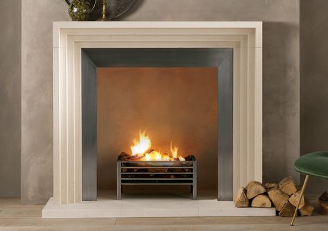 Modern Fire Surround, Limestone Hearth Fireplace, Art Deco Fireplace Surround, Limestone Hearth, Room Panelling, Woodburning Stove Fireplace, Limestone Fireplace Surround, Art Deco Fireplace, Living Room Panelling