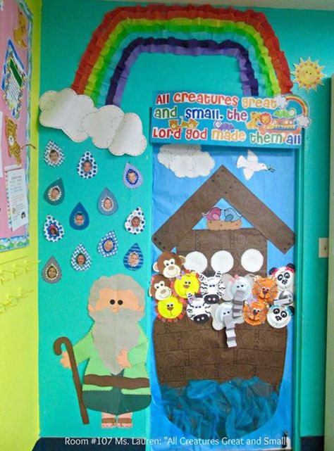 Noah's Ark classroom Door Noahs Ark Door Decoration, Noah's Ark Bulletin Board, Noahs Ark Vbs Decorations Vacation Bible School, Noah's Ark Bulletin Board Ideas, Noahs Ark Preschool, Noahs Ark Decorations, Preschool Door Decorations, Preschool Classroom Themes, Noah's Ark Bible