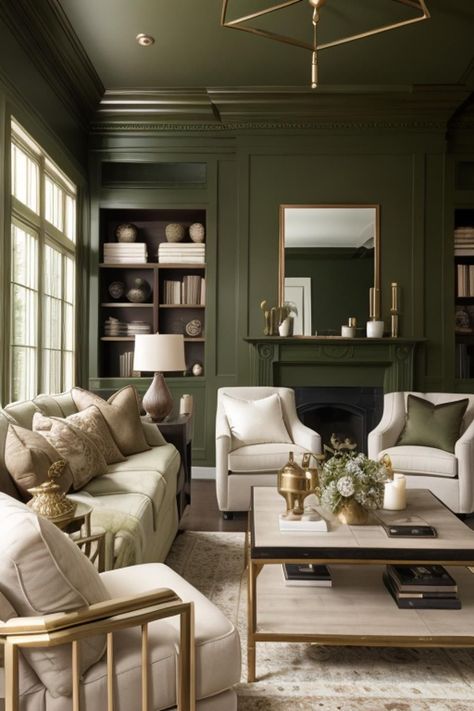 Dark Forest Green Living Room, Dark Olive Living Room, Dark Green And White Living Room, Dark Green And Black Color Palette, Khaki Living Room, Dark Green Living Room Ideas, Olive Green Living Room, Olive Green Rooms, Brisbane House