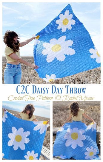 C2C Daisy Day Throw Crochet Free Pattern Daisy Blanket, Crochet C2c Pattern, C2c Crochet Blanket, Crocheted Blanket, Crochet Blanket Designs, Flower Blanket, Crochet Daisy, C2c Crochet, Manta Crochet