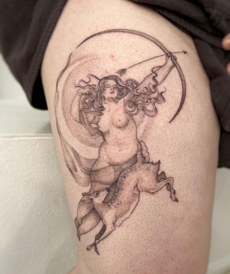 artemis on her wild hunt 𓇢𓆸 • • • • • • • #tattbrat #singleneedletattoo #newcastle #tattoo #whimsical #artemistattoo #deertattoo Tattoo Whimsical, Artemis Tattoo, Whimsical Tattoo, Left Arm Tattoos, Dna Tattoo, Whimsical Tattoos, Single Needle Tattoo, Mushroom Tattoos, Deer Tattoo