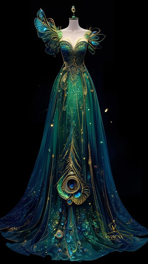 Majestic Dress, Magical Dress, Dreamy Gowns, Peacock Dress, Fairytale Fashion, Fantasy Dresses, Theme Dress, Dress Design Sketches, Fantasy Gowns