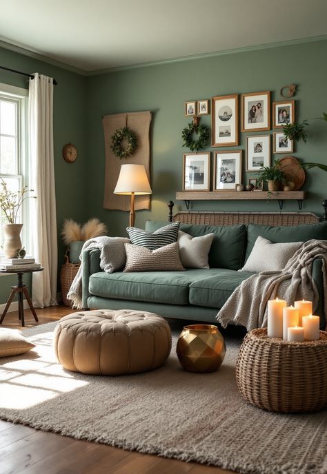 Sage Green Farmhouse Bedroom Eucalyptus Green Living Room, Nature Theme Living Room, Sage Green And Black Living Room, Sage Green Walls Living Room, Cozy Green Living Room, Sage Green Home Office, Green Sitting Room, Sage Green Farmhouse Bedroom, Green Farmhouse Bedroom