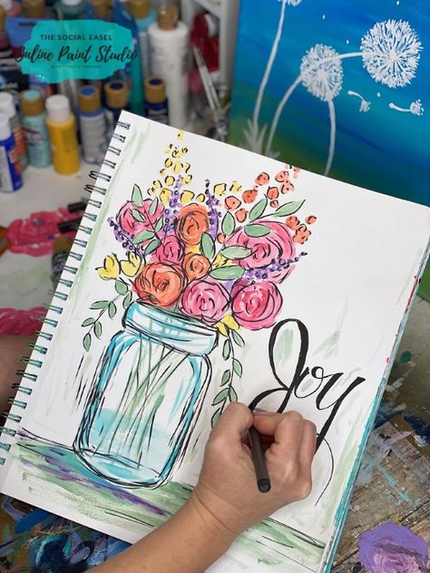 Spring Sketches Drawings, Spring Drawings Ideas, Spring Painting Ideas Easy, Spring Drawings Ideas Art, Spring Drawing Ideas, Spring Drawings, Spring Sketch, Social Easel, Flowers In A Jar