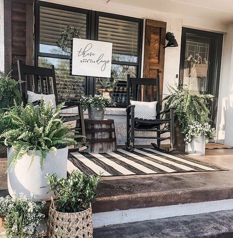 Fromt Porch Decor, Black Rocking Chairs On Front Porch, Black Rocking Chairs, Farmhouse Rocking Chairs, Farmhouse Porch Ideas, Front Porch Rocking Chairs, Rocking Chair Front Porch, Rocking Chair Porch, Black Patio