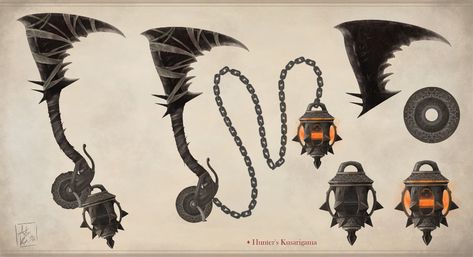 ​​ArtStation - Hunter's Kusarigama [imagining Bloodborne II], Alessandro Carpignano Kusarigama Art, Bloodborne Concept Art, Fantasy Items, Claw Gloves, Dnd Items, Bloodborne Art, Fantasy Props, Knight Art, Lego Party