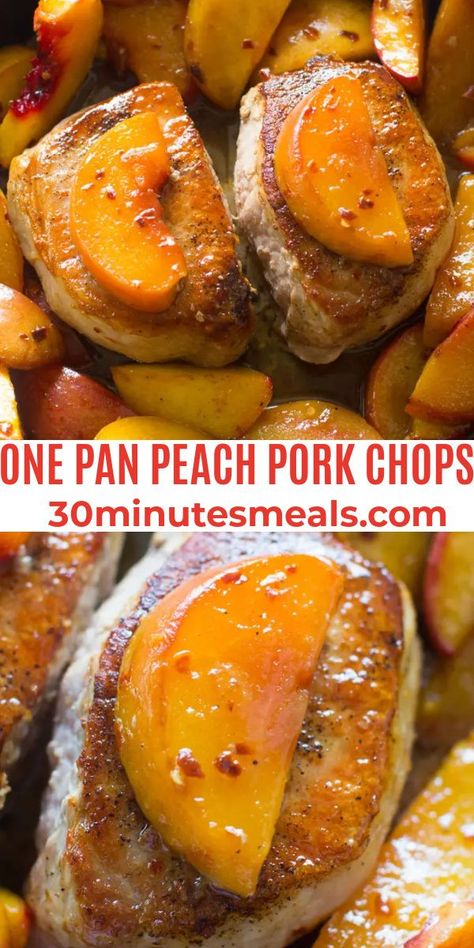 Peach Pork Chops are the perfect combination of sweet and savory. An easy and beautiful one-pan meal, ready in just 30 minutes. Pork Loin And Peaches Recipes, Peach Bbq Pork Chops, Pork Chops With Peach Salsa, Pork Chops With Peach Preserves, Peach Pork Chops Baked, Pork Chop And Peaches Recipes, Pork Loin Breakfast Recipes, Peach Main Dish Recipes, Pork With Peaches