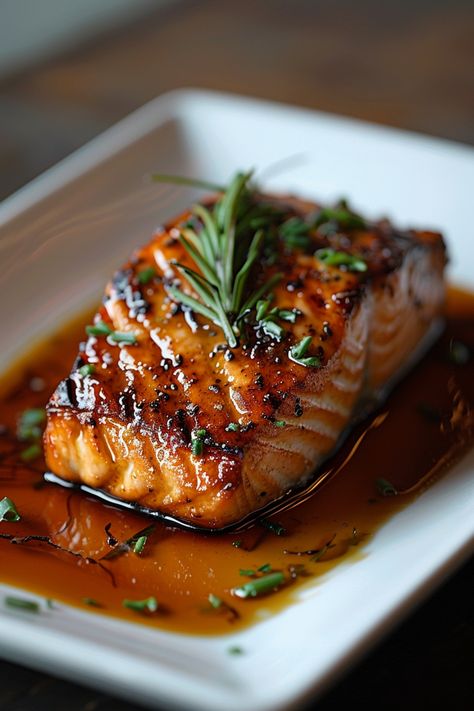 Grilled salmon fillet garnished with fresh rosemary and chives in a savory sauce. Great Salmon Recipes, Paleo Salmon Marinade, Maple Bbq Salmon, Healthy Fish Recipes Salmon, Maple Balsamic Salmon, Maple Pecan Salmon Recipes, Fall Salmon Recipes Baked, Sweet Chili Glazed Salmon, Maple Salmon Marinade