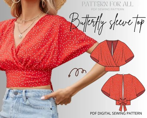 Tie Back Crop Blouse Butterfly Sleeve Toptop Sewing Pattern for Women9 Sizesdigital Sewing Pattern Open Back Topprintable Sewing Pattern - Etsy Butterfly Sleeves Pattern, Crop Top Sewing Pattern, Butterfly Sleeve Top, Hippie Top, Craft Things, Printable Sewing Patterns, Blouse Pattern Sewing, Festival Shirts, Butterfly Sleeve