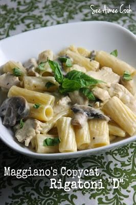 See Aimee Cook: Maggiano's Copycat Rigatoni "D" Rigatoni D Recipe, Rigatoni D, Homemade Rigatoni, Balsamic Mushrooms, Rigatoni Recipes, Pasta Dinners, Italian Dinner, Pasta Pasta, Rigatoni