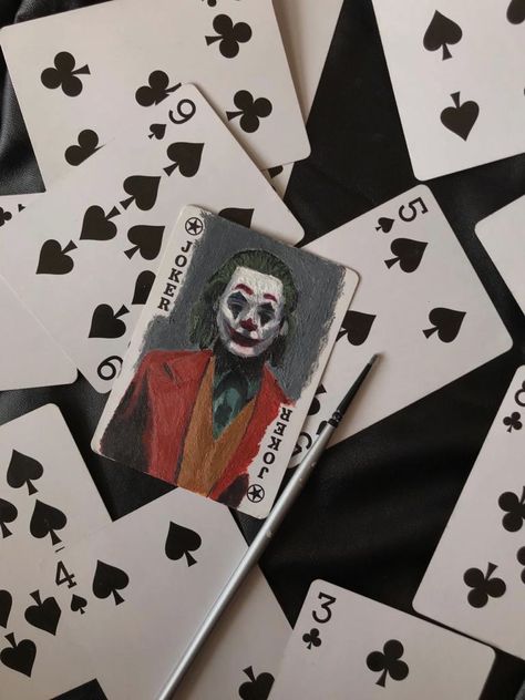 Joker Card Painting, Card Game Wallpaper, Playing Cards Aesthetic Wallpaper, Painted Cards Deck Aesthetic, Painted Card Deck, Joker Card Aesthetic, Playing Cards Art Painting, Joker Card Drawing, Painting On Cards Deck