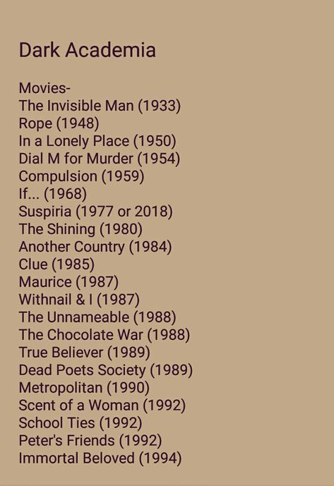 Vintage Movie Recommendations, Chaotic Academia Movies, Dark Academia Tv Shows, Drawing Themes Ideas, Light Academia Movies, Vintage Cinema Aesthetic, Dark Academia Movies List, Cinephile Aesthetic, Dark Academia Films