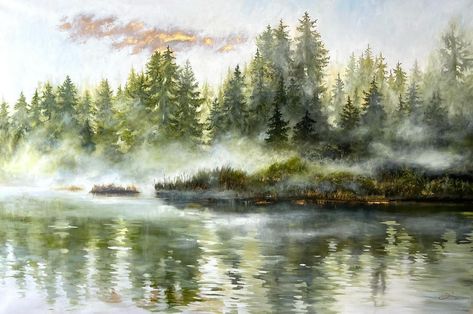 Foggy Lake, Pond Painting, Lake Painting, Art Nature, Gouache Painting, Nature Art, Lake, Paint, Green