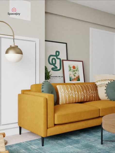 Mid Century Modern Yellow Couch, Mid Century Modern Living Room Yellow Couch, Mustard Sofa Living Room Ideas Modern, Living Room Mustard Sofa, Accent Sofa Living Room, Bright Sofa Living Room, Mustard Yellow Couch Living Room Ideas, Living Room With Yellow Couch, Mustard Couch Living Room