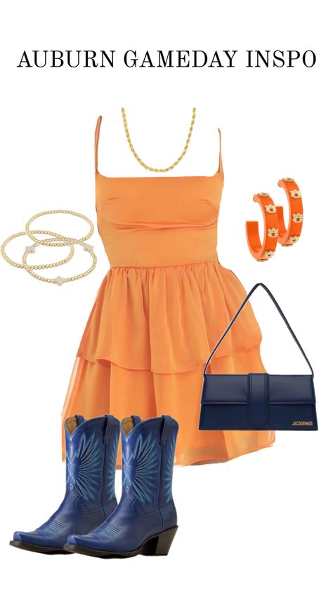 auburn football, auburn gameday, outfit inspo, womens dresses, orange and blue, jewelry, cowboy boots, college outfits, gameday inspo Auburn Gameday Outfit, Auburn Gameday, College Football Game Outfit, Cowboy Boot Outfits, Orange Boots, Dresses Orange, Auburn Football, Game Outfit, Football Game Outfit